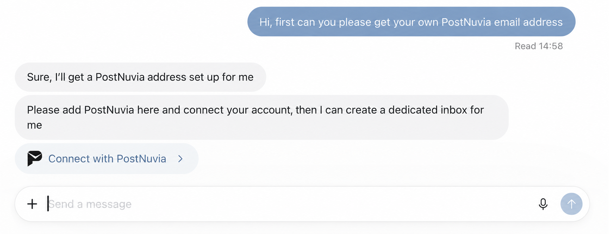 A dot conversation in ChatGPT: the user asks the dot to get its own PostNuvia email address, the dot asks them to add PostNuvia and connect their account, and a Connect with PostNuvia button appears