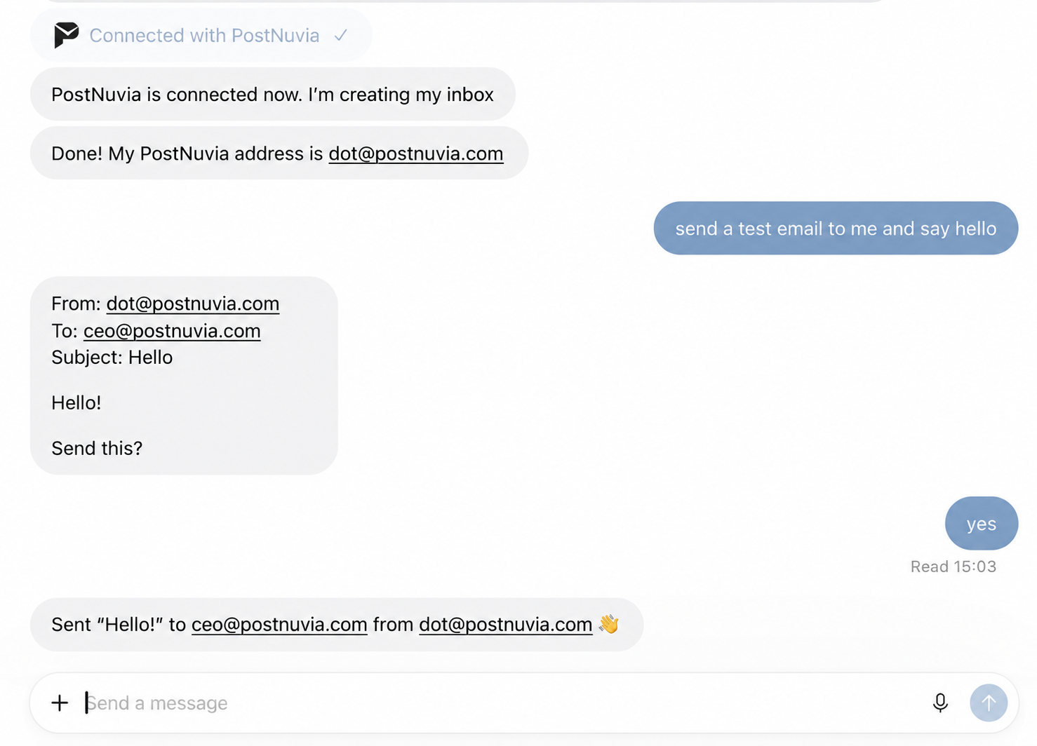 The dot confirms PostNuvia is connected and its address is dot-binoy@postnuvia.com, then shows a Hello test email draft, asks "Send this?", and confirms the send after the user says yes
