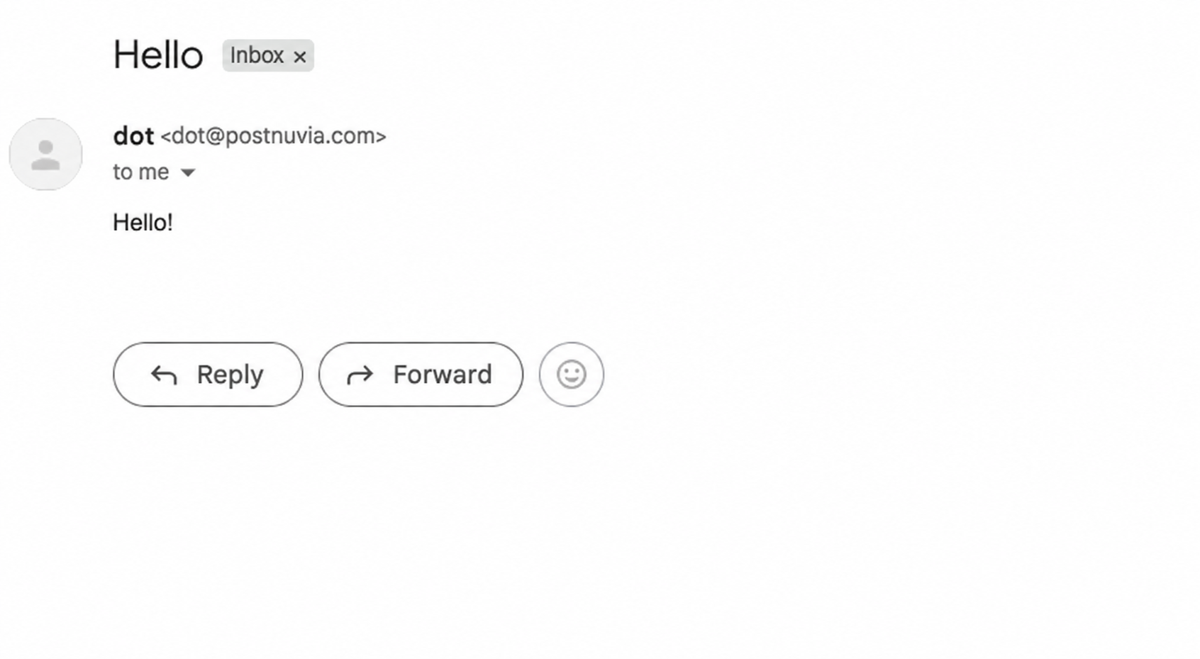 Gmail showing the Hello test email delivered from dot at dot-binoy@postnuvia.com