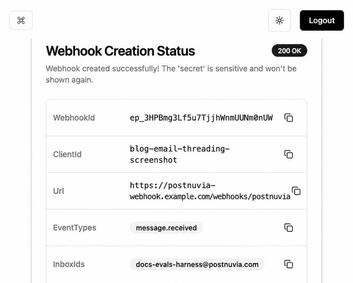 PostNuvia webhook creation confirmation