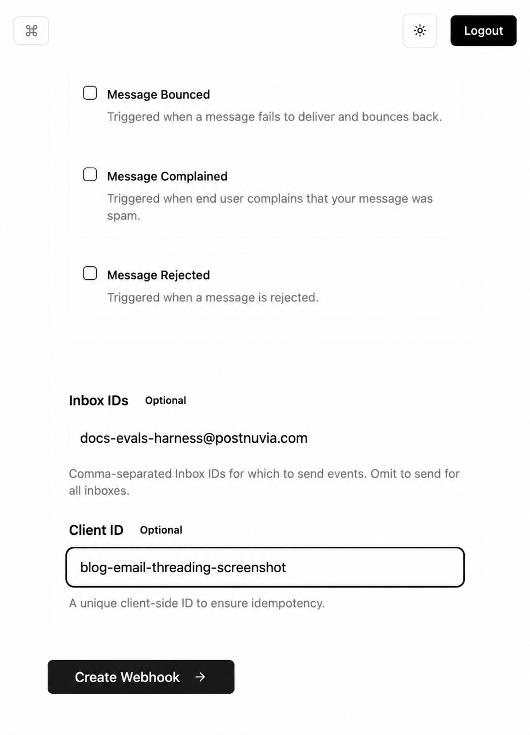 PostNuvia Create Webhook form with an inbox scope and client ID