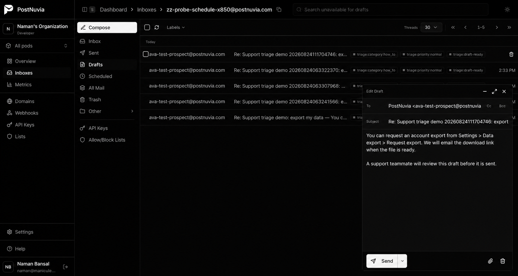 The approved account-export reply open in PostNuvia's draft composer