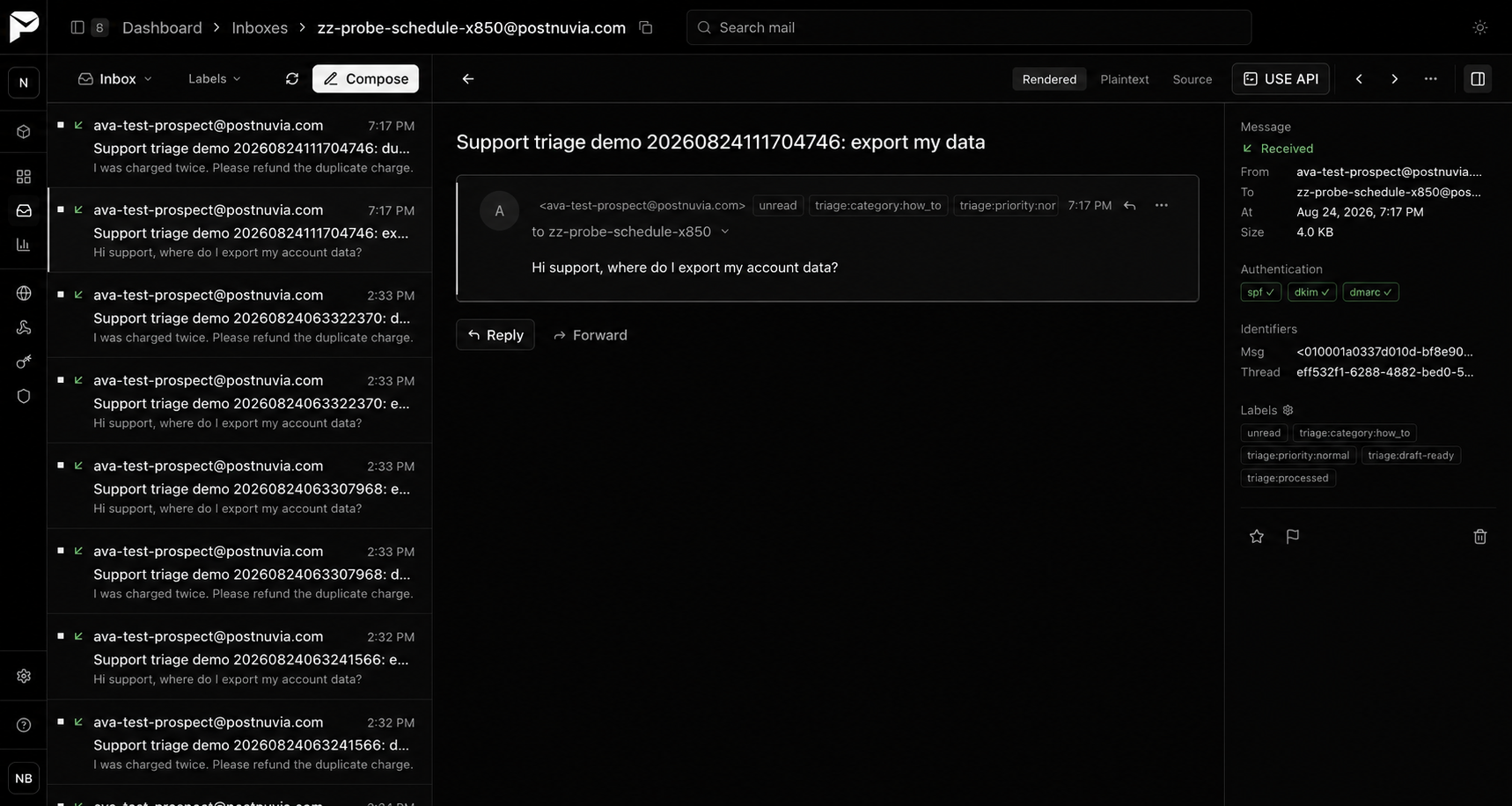 The two support messages in the PostNuvia inbox