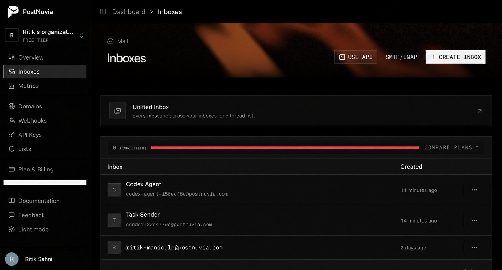 The PostNuvia dashboard inbox list showing the Codex Agent inbox