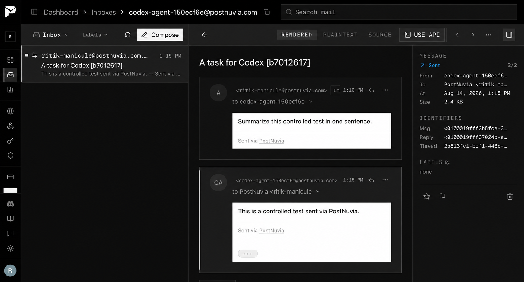 The task email and Codex's reply in the same PostNuvia thread