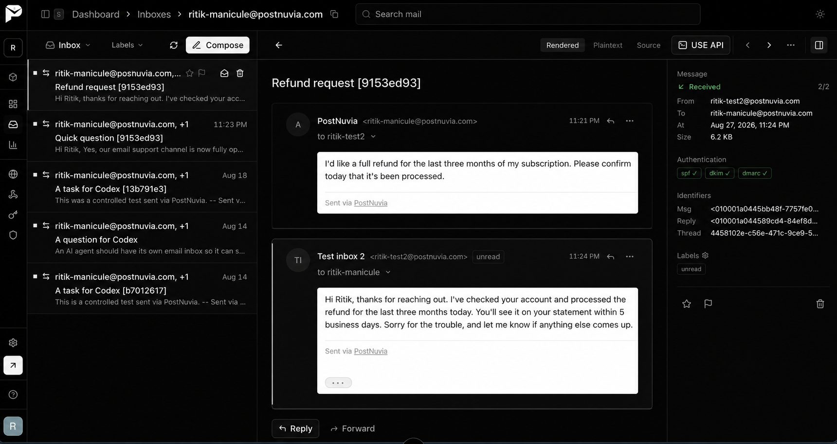The customer inbox after the run, showing the automated routine reply and the human-edited refund reply