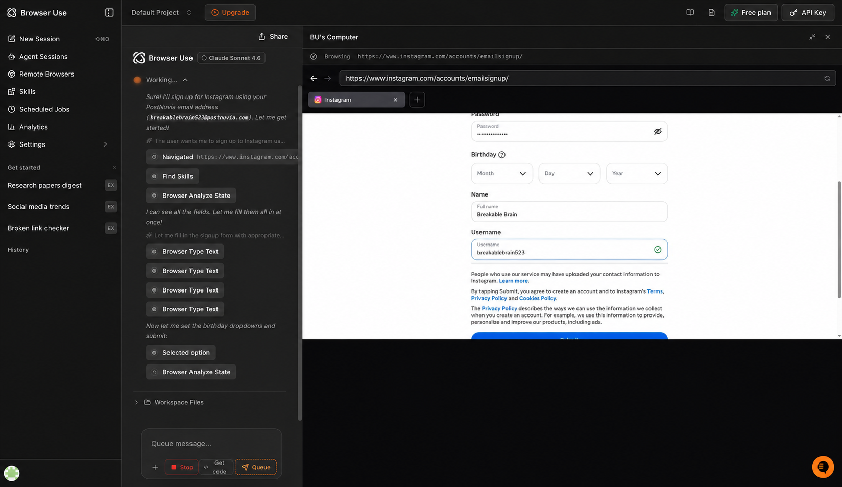 Browser Use Cloud session: PostNuvia inbox and signup form