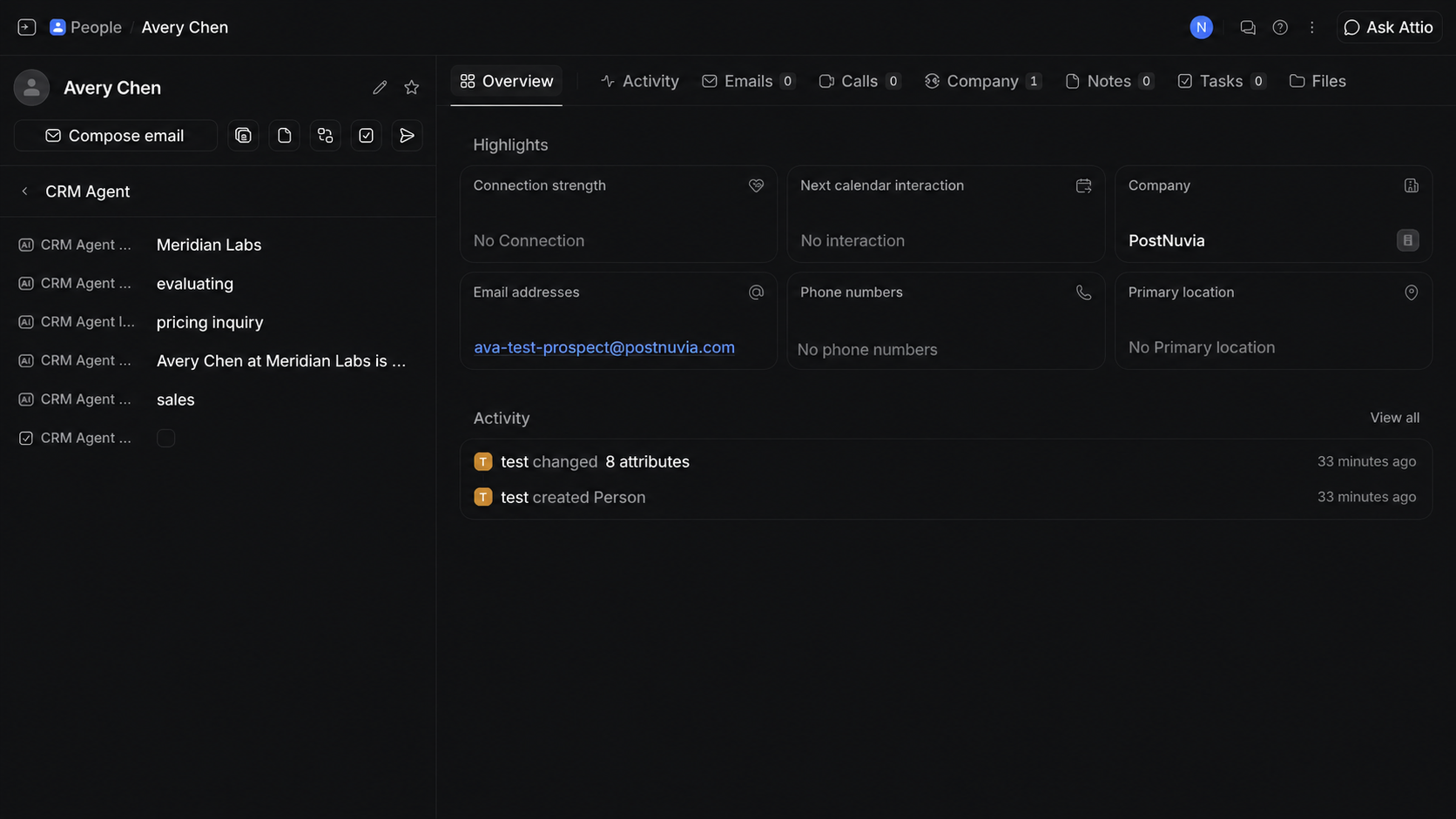 Avery Chen's updated Person record in the Attio dashboard
