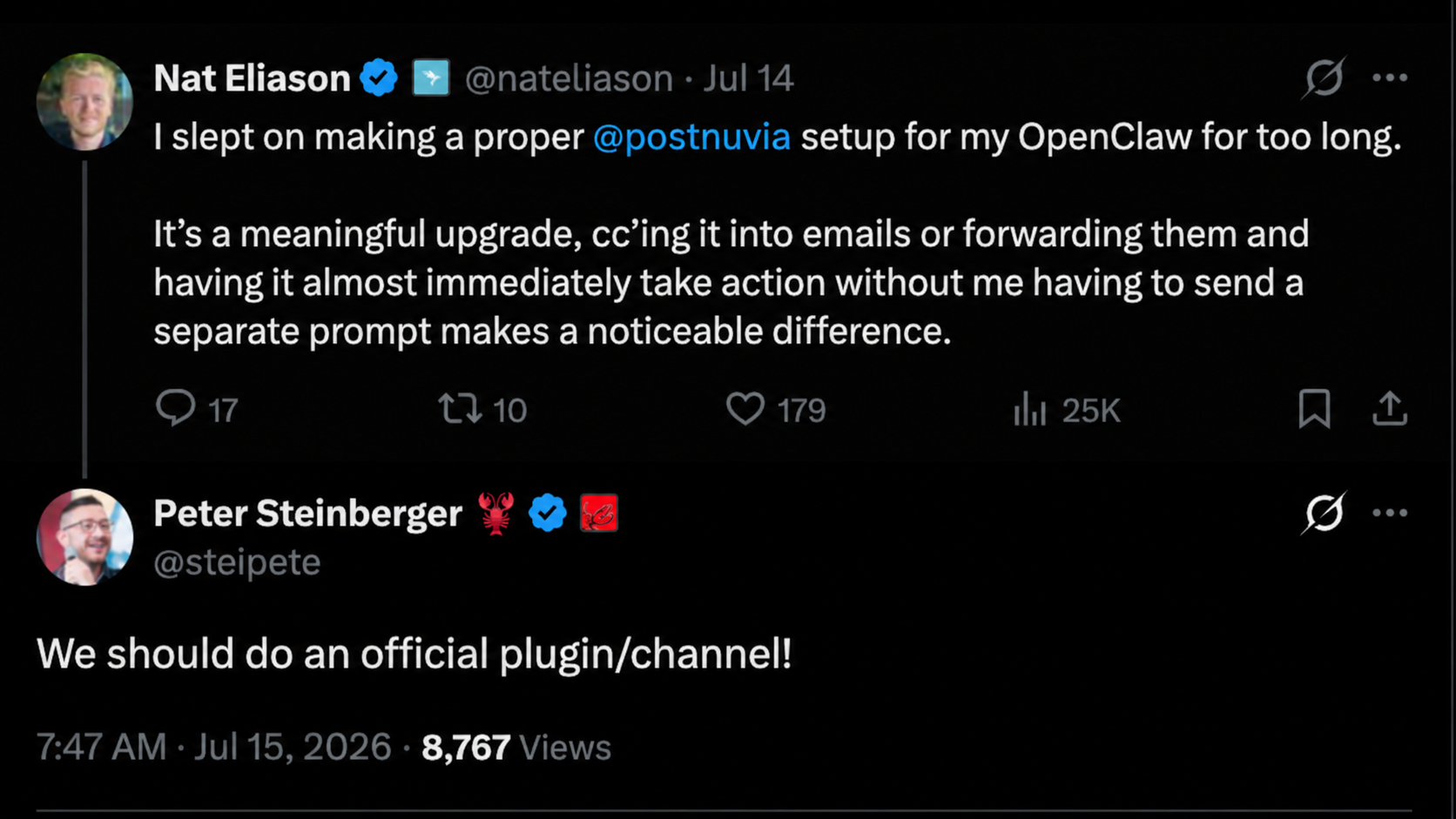 Nat Eliason describing his PostNuvia setup for OpenClaw, and Peter Steinberger replying that there should be an official plugin and channel