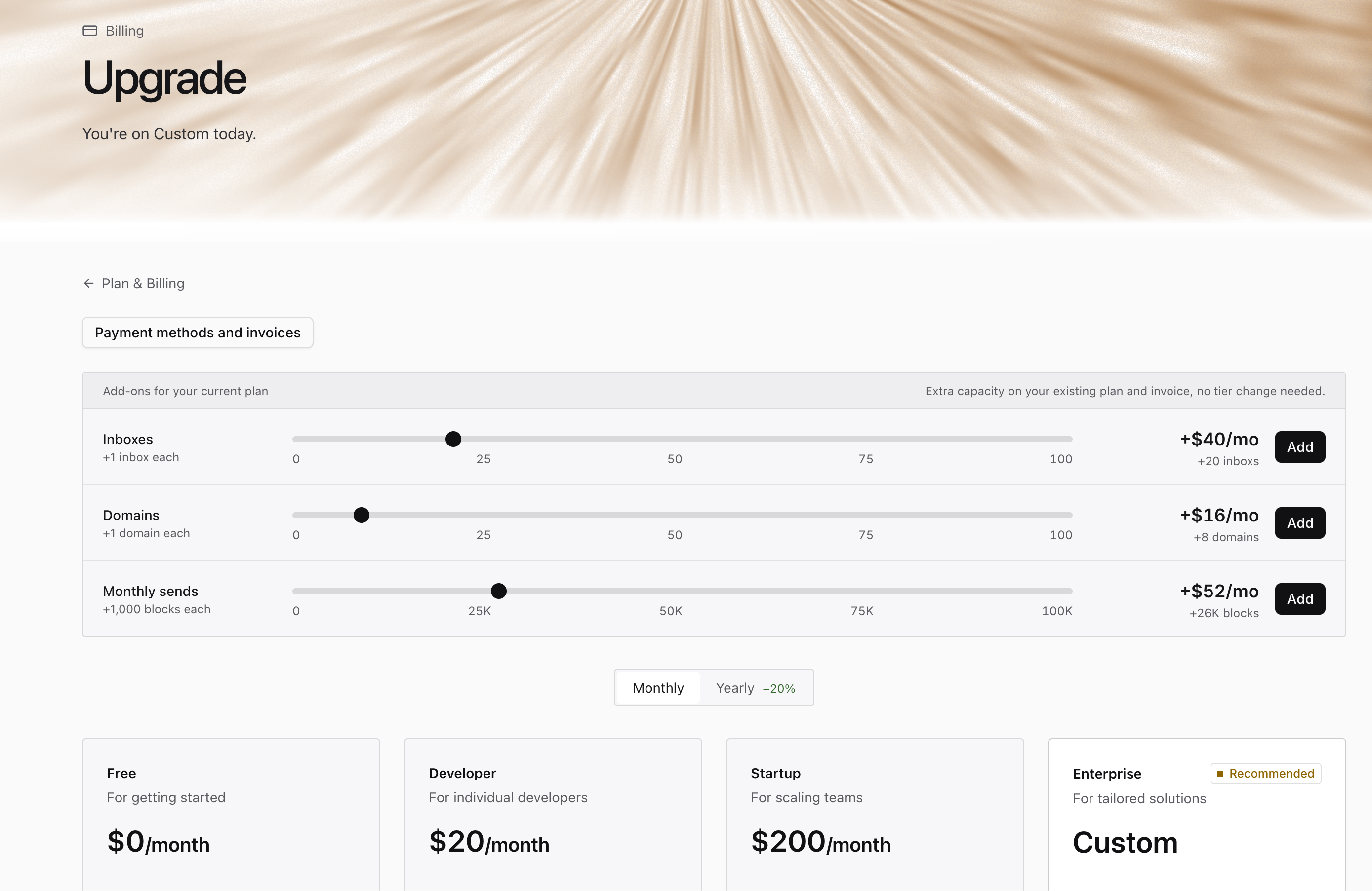 The PostNuvia Console Billing / Upgrade page, showing sliders for Inboxes, Domains, and Sends.